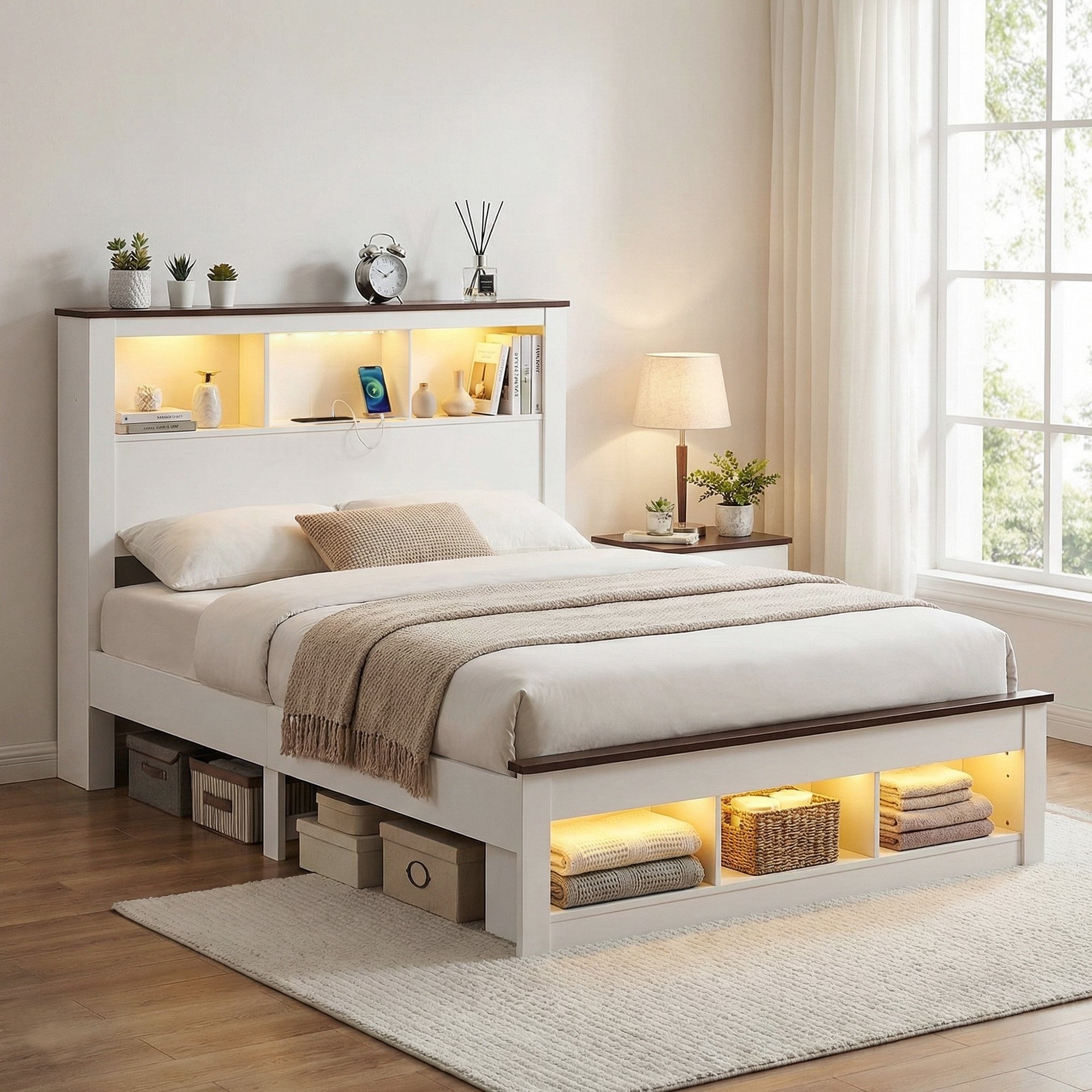 Artiss White Double Bed Frame with LED Light