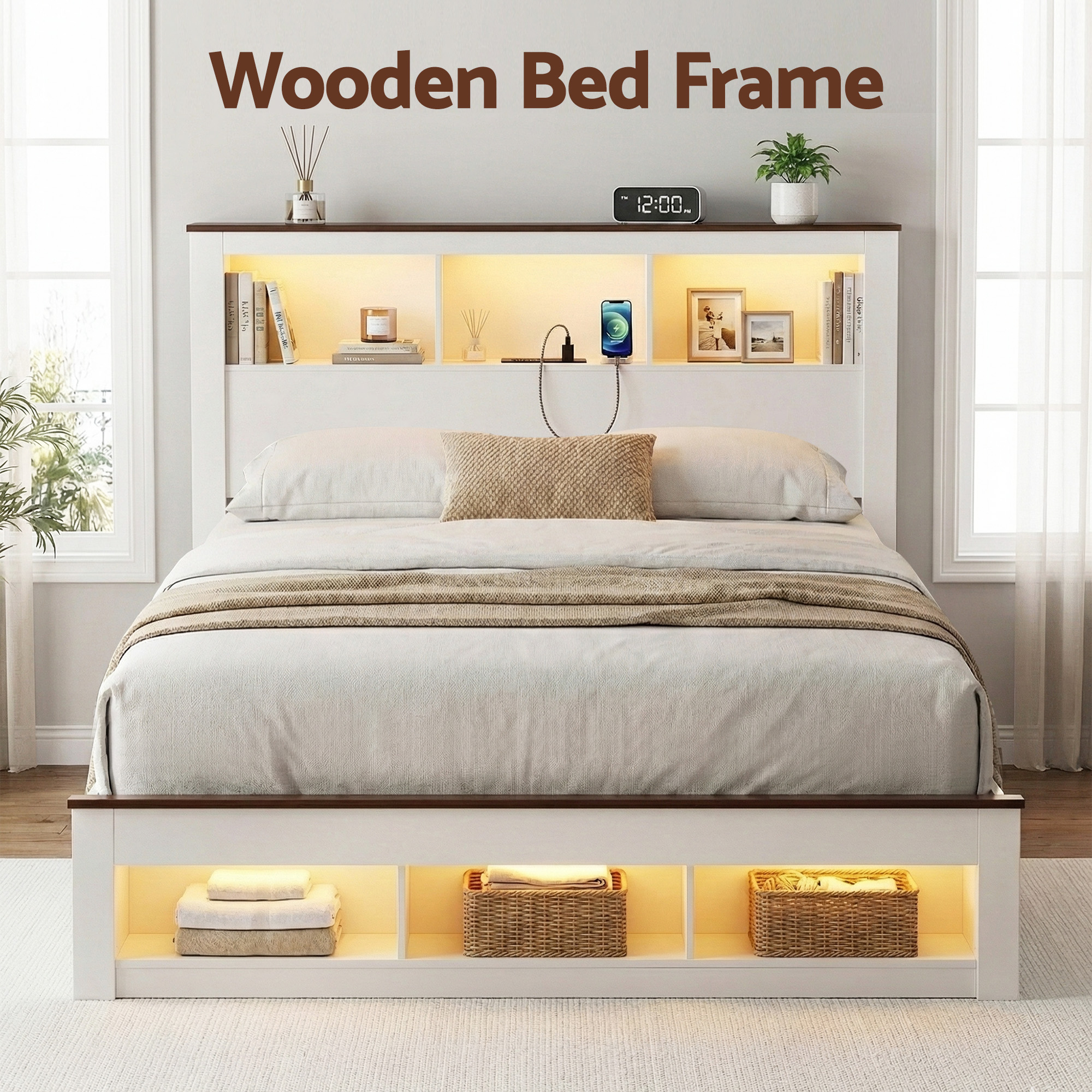 Artiss White Double Bed Frame with LED Light view 4