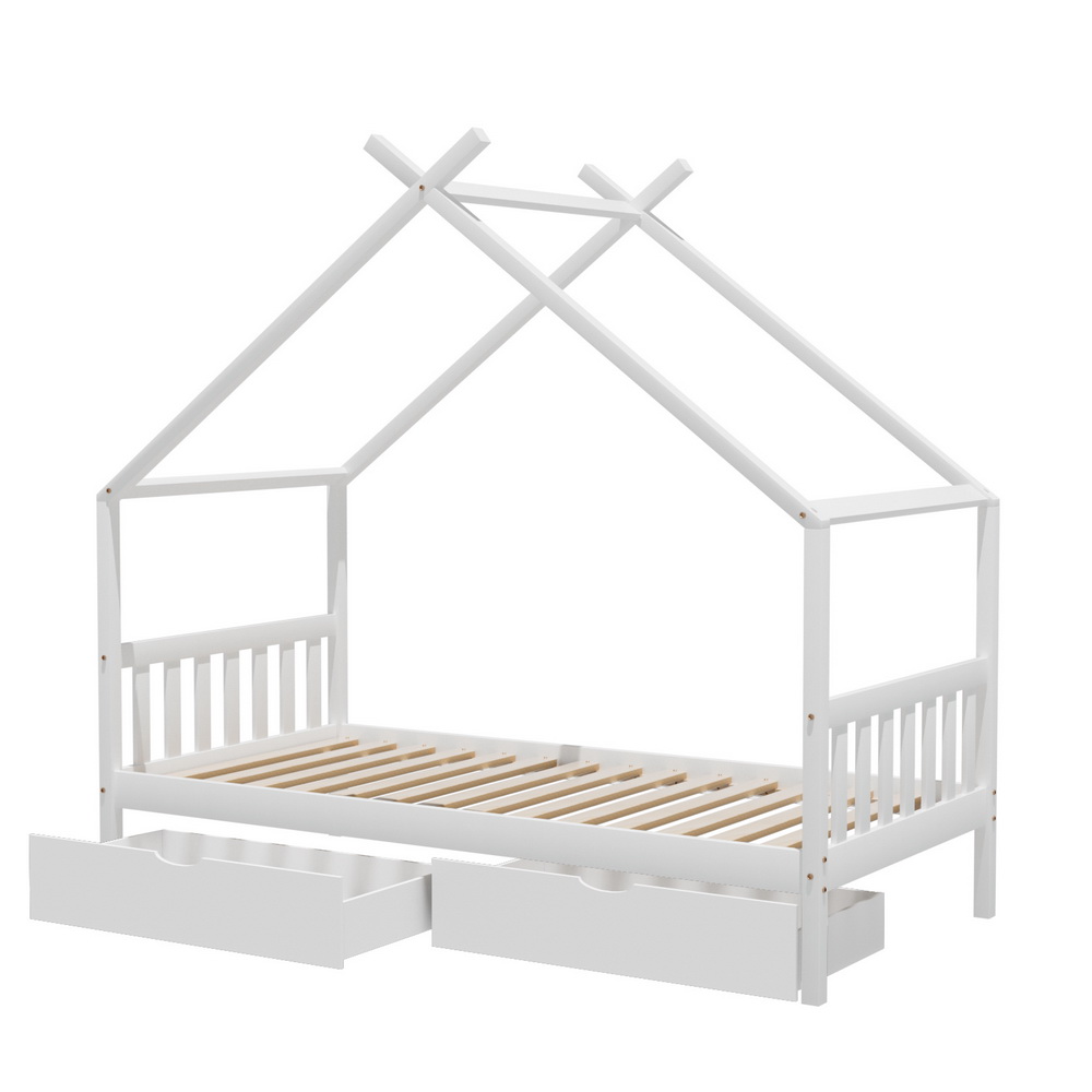 Artiss Kids Wooden House Bed Frame with Storage Drawers, White