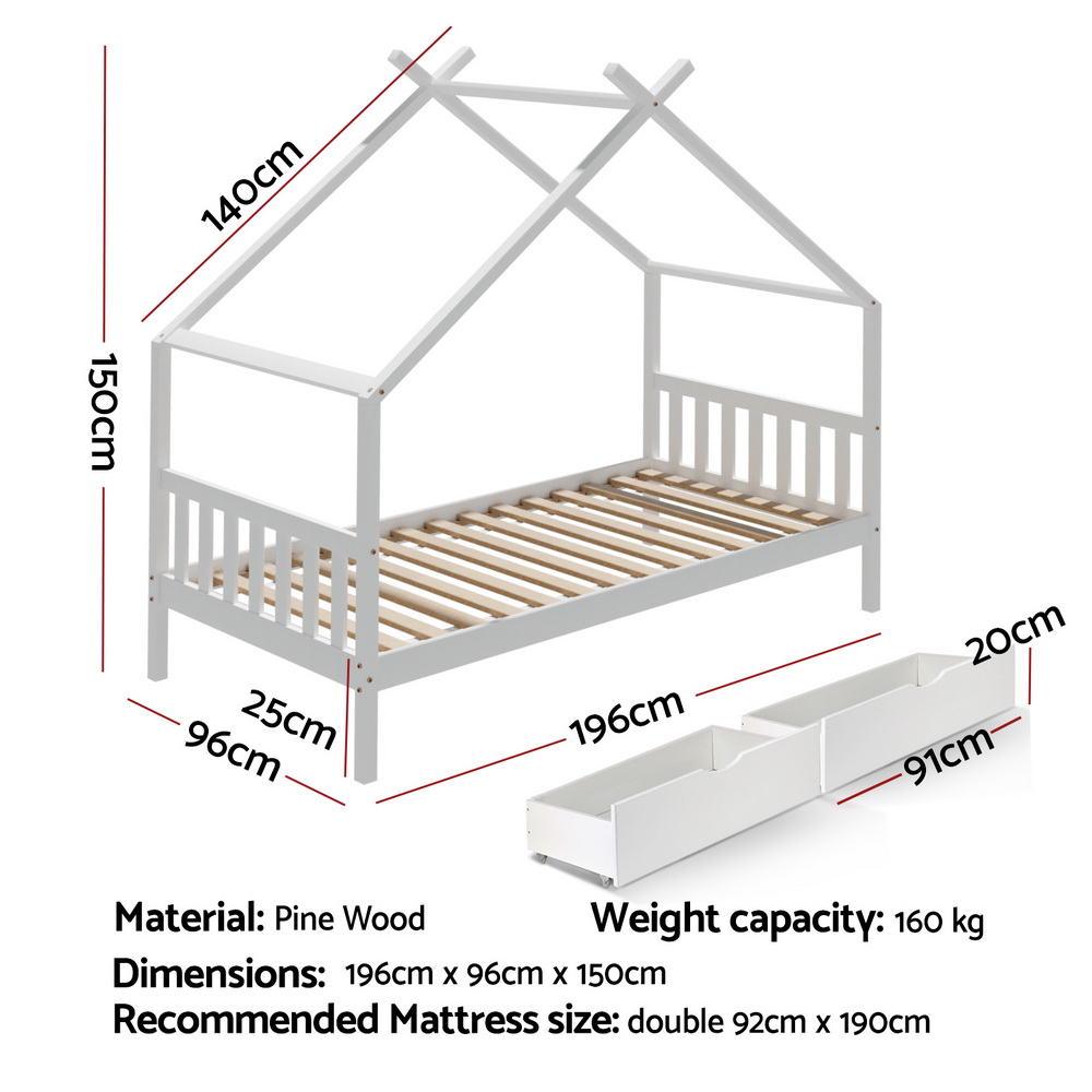Artiss Kids Wooden House Bed Frame with Storage Drawers, White view 2