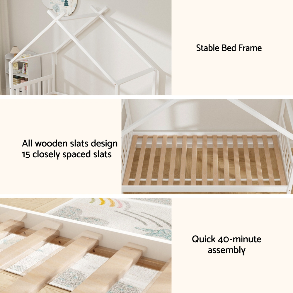 Artiss Kids Wooden House Bed Frame with Storage Drawers, White view 4