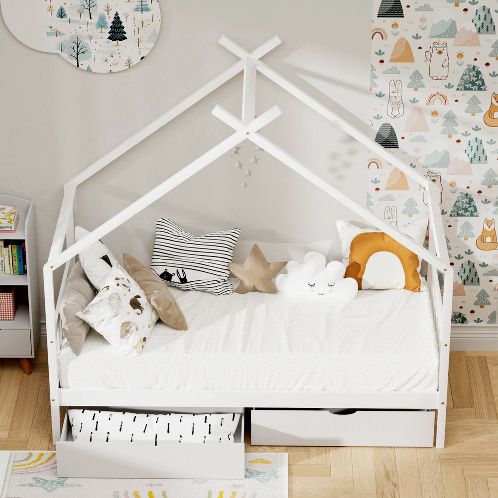 Artiss Kids Wooden House Bed Frame with Storage Drawers, White view 5