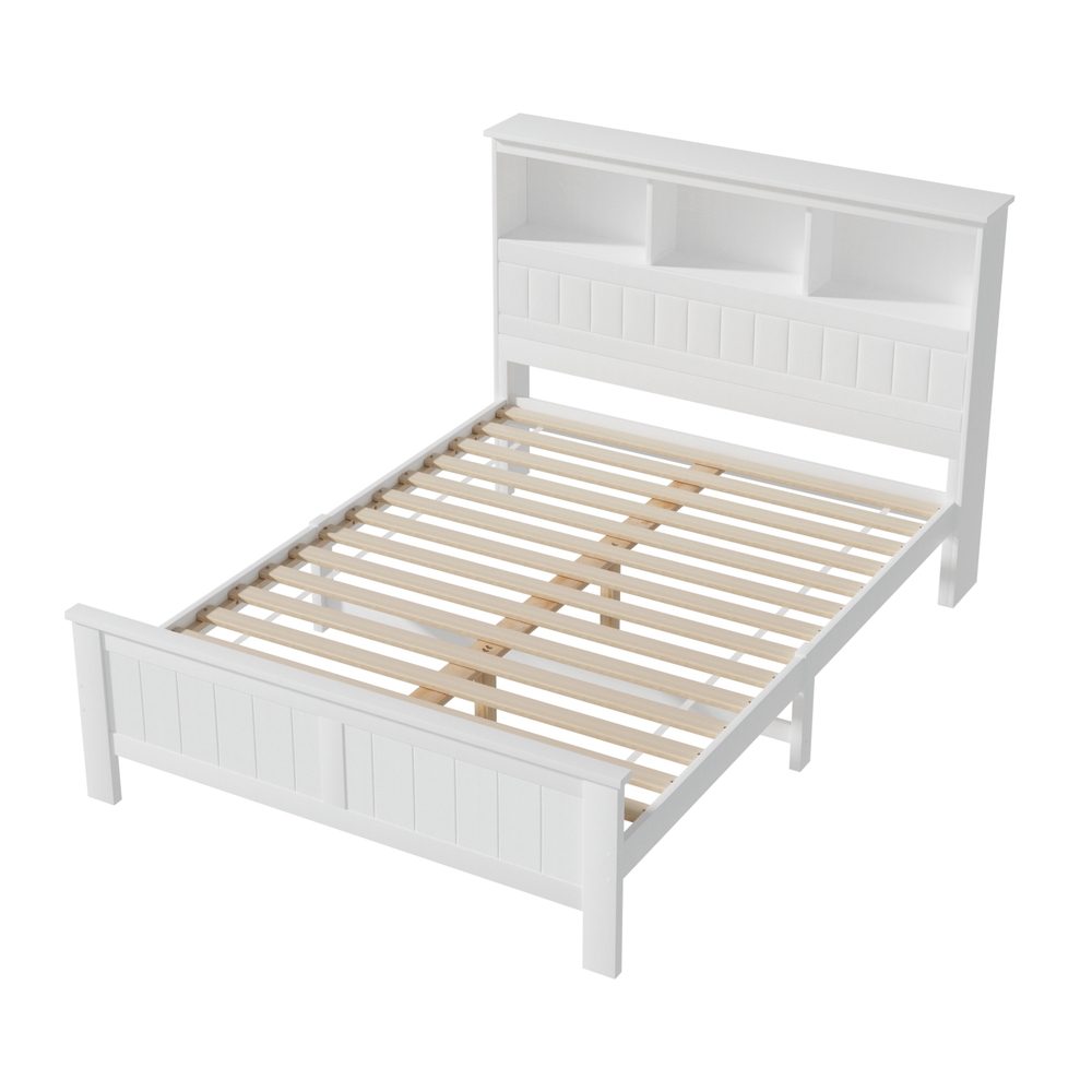 Artiss Conqueror Wooden Bed Frame, 3 Shelves, White