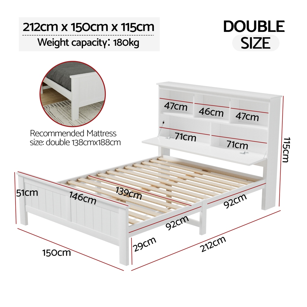 Artiss Conqueror Wooden Bed Frame, 3 Shelves, White view 2