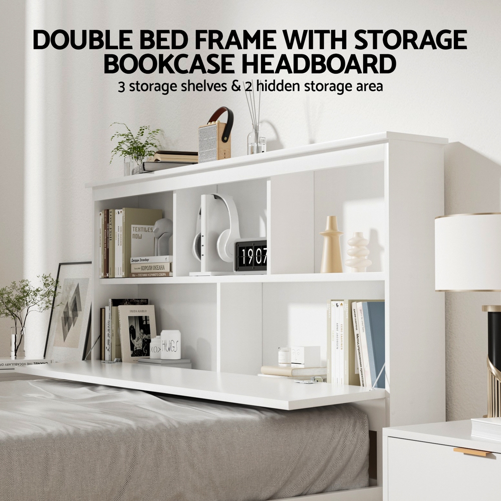 Artiss Conqueror Wooden Bed Frame, 3 Shelves, White view 4