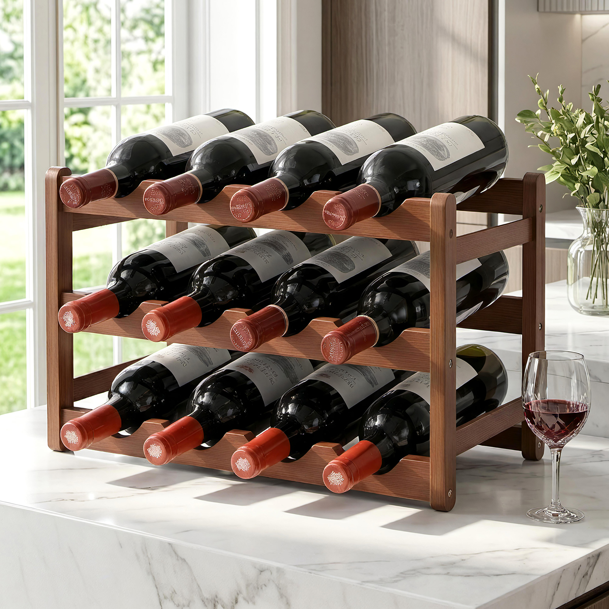 Artiss Bamboo Wine Rack 3-Tier 12 Bottle Walnut