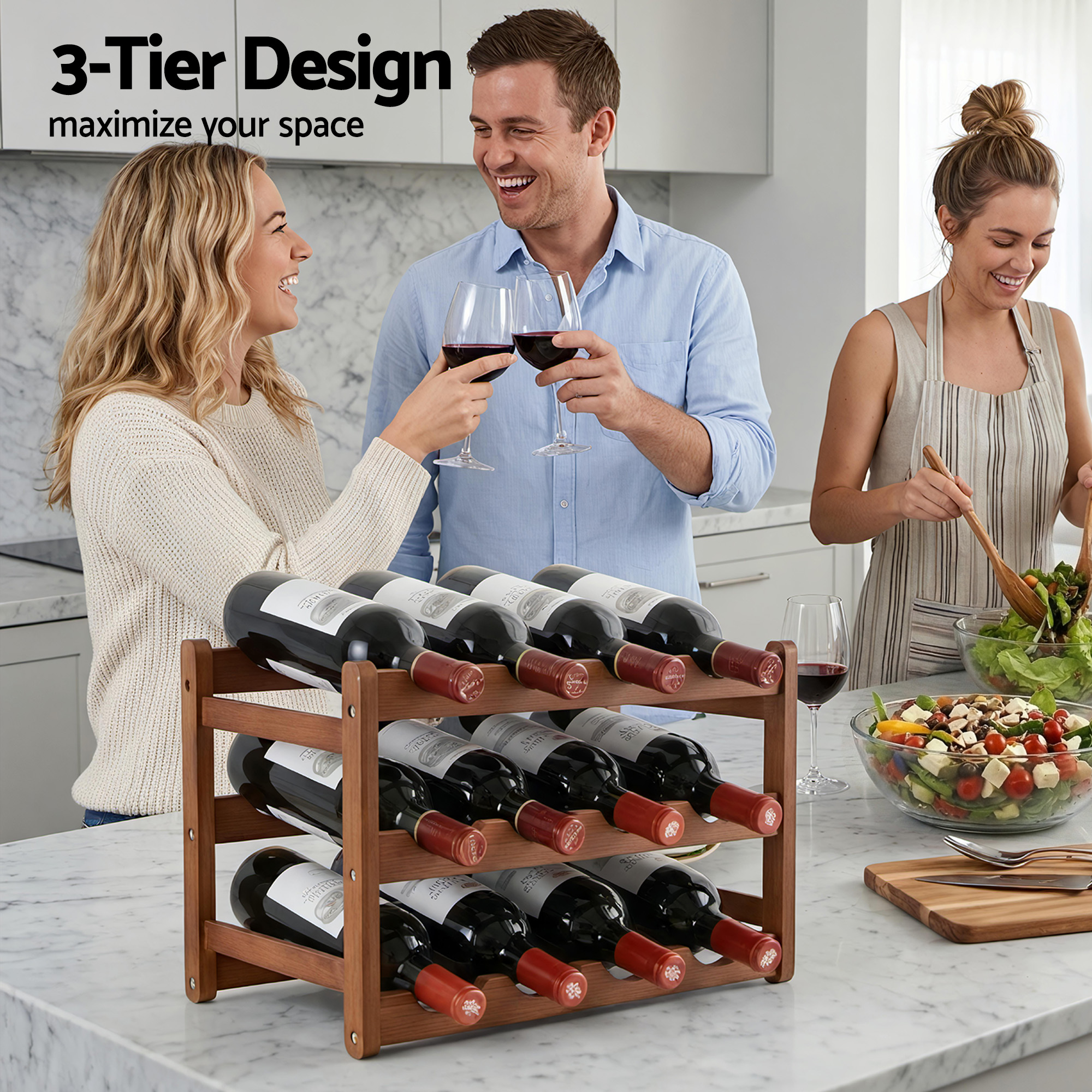 Artiss Bamboo Wine Rack 3-Tier 12 Bottle Walnut view 4