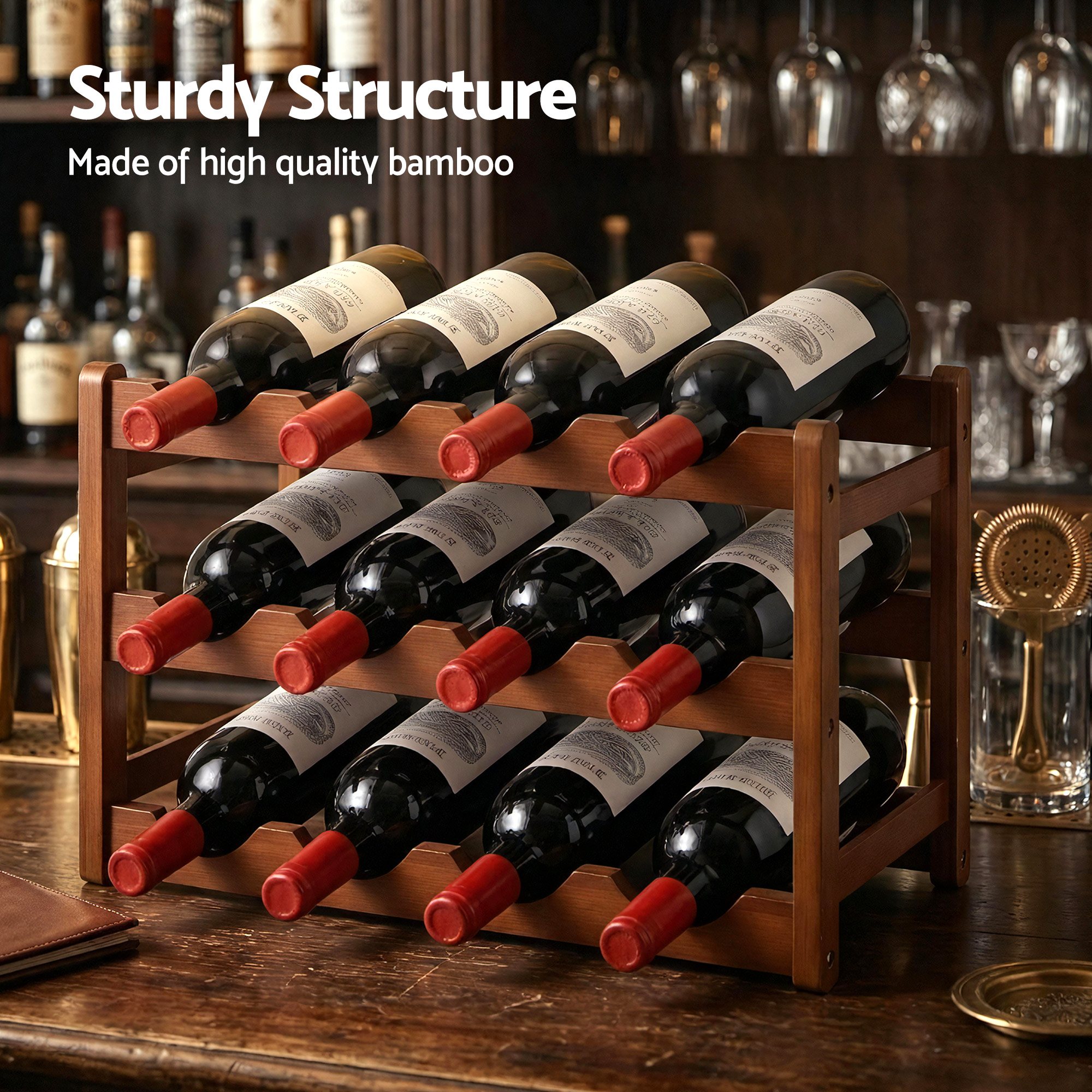 Artiss Bamboo Wine Rack 3-Tier 12 Bottle Walnut view 5