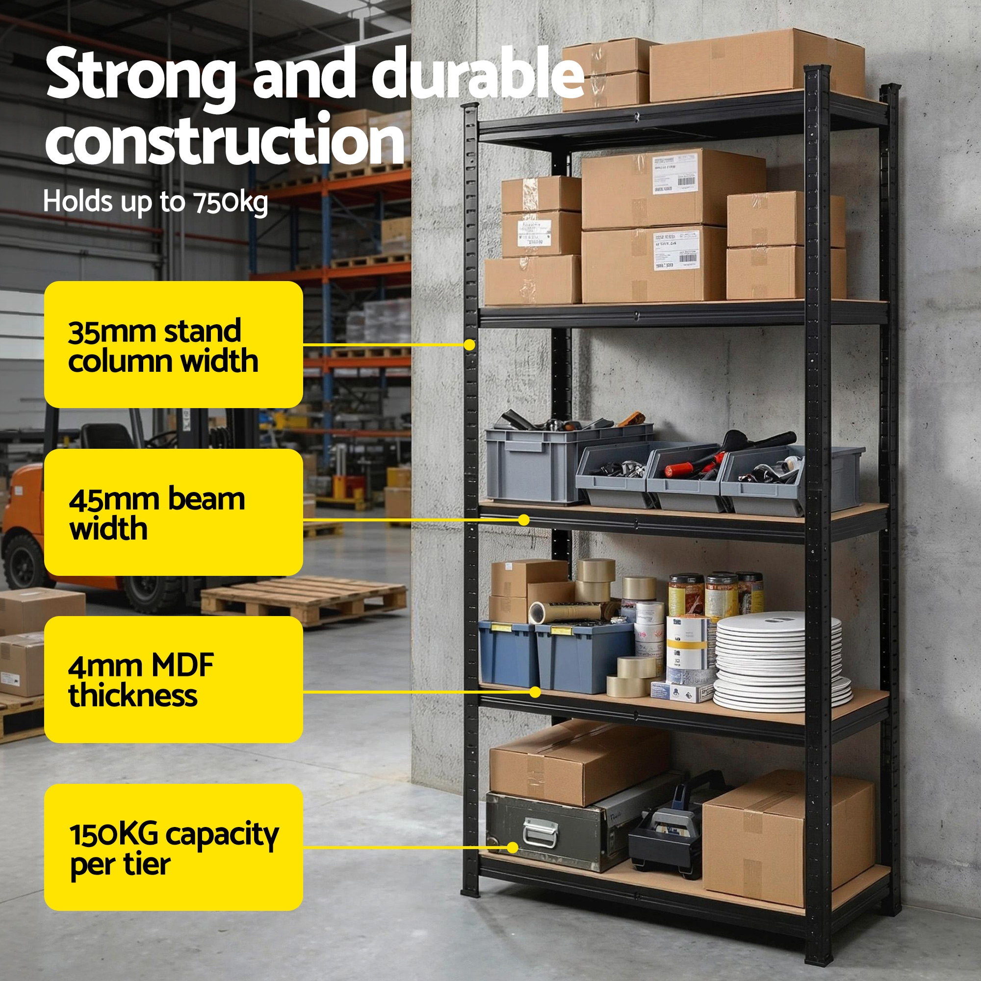 Giantz 5 Tier Garage Shelving 1.5x0.7m, Black view 5