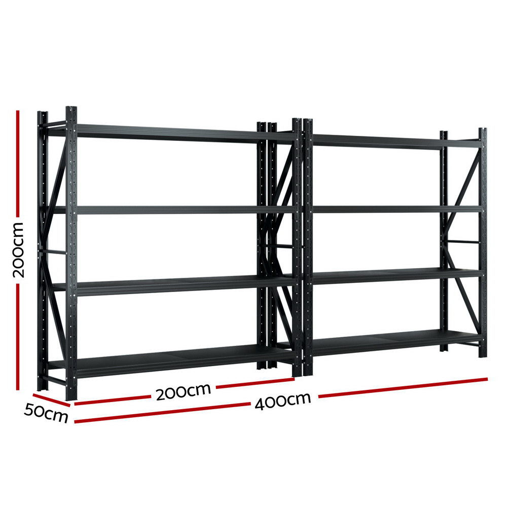 Giantz Warehouse Rack 4x2m Double Bay 200kg, Black view 2