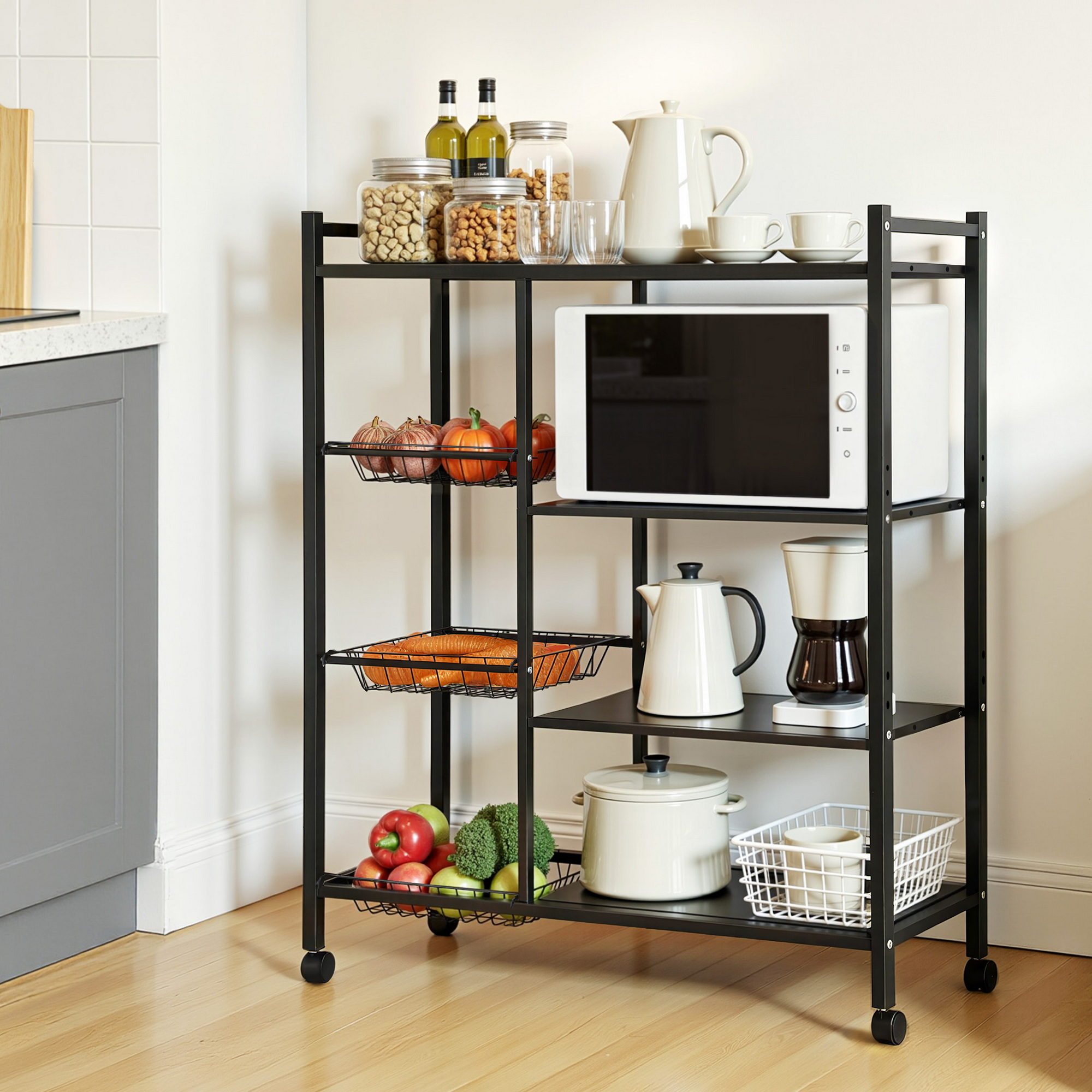 Artiss 4-Tier Kitchen Rack with 3 Baskets and Wheels