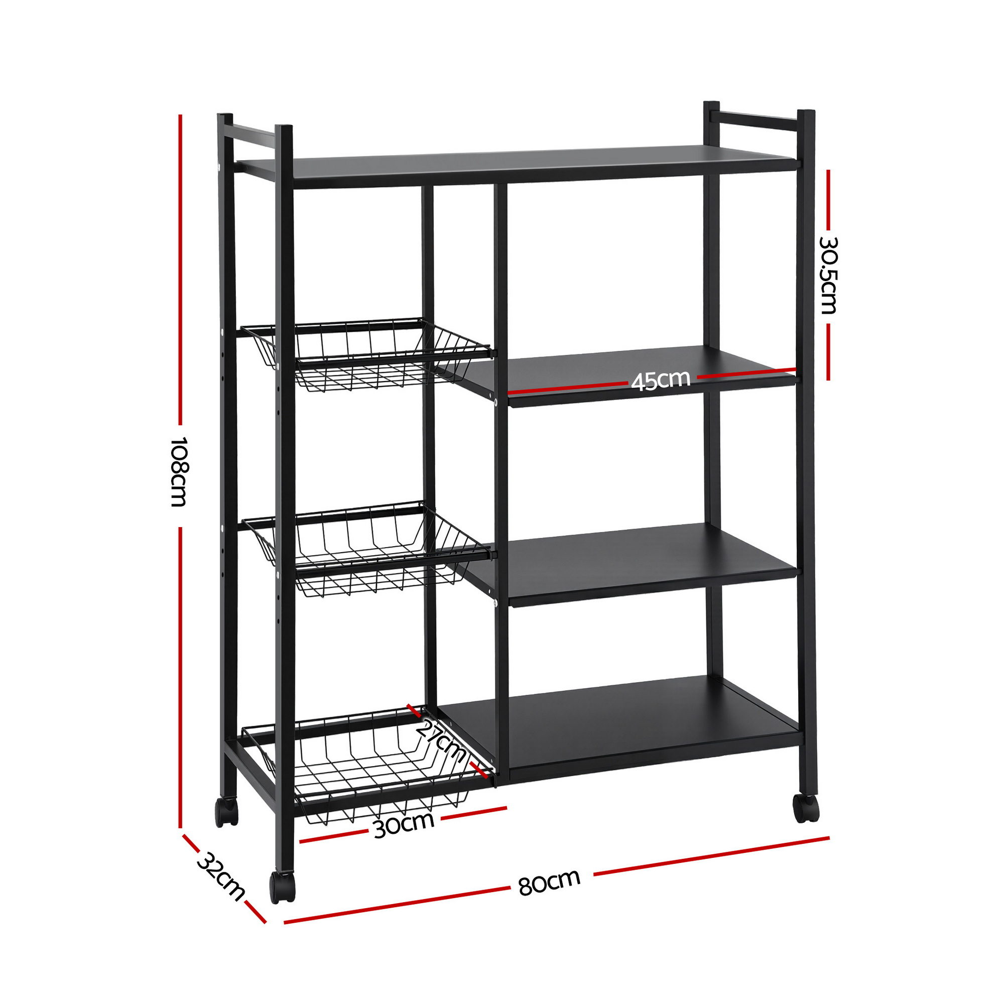 Artiss 4-Tier Kitchen Rack with 3 Baskets and Wheels view 3