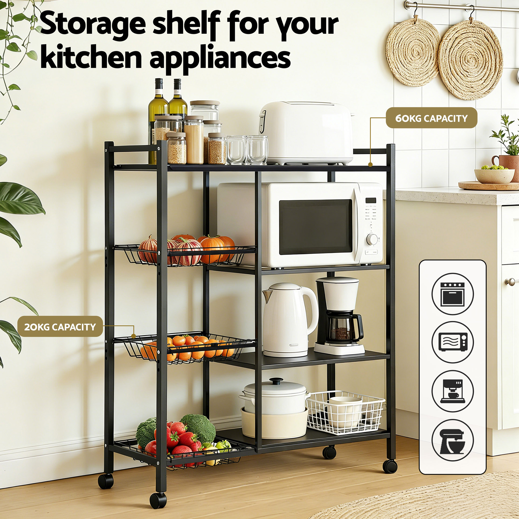 Artiss 4-Tier Kitchen Rack with 3 Baskets and Wheels view 5