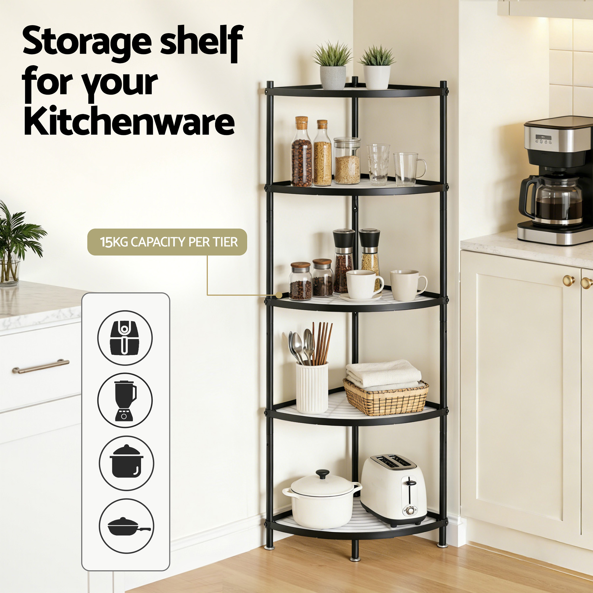 Artiss 5-Tier Kitchen Corner Shelf Rack Black view 5